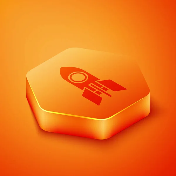 Isometrisches Raketenschiff Symbol Isoliert Auf Orangefarbenem Hintergrund Raumfahrt Orangefarbener Sechskantknopf — Stockvektor