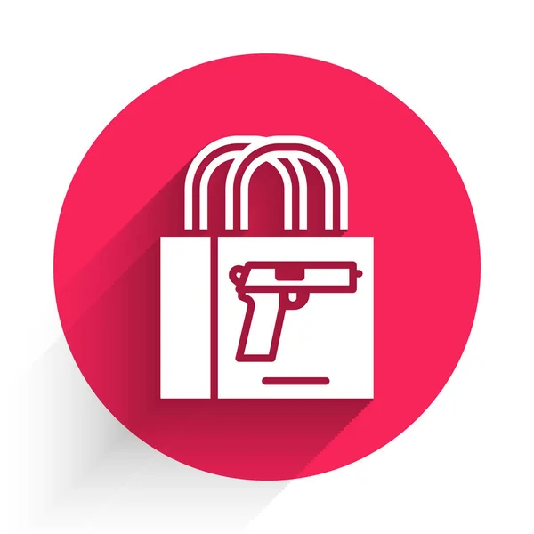 Icono Pistola Compra Blanca Aislado Con Sombra Larga Comprando Armas — Vector de stock