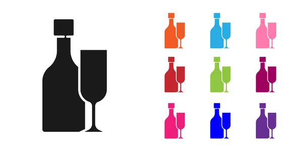 Bouteille Vin Noir Avec Icône Verre Isolé Sur Fond Blanc — Image vectorielle