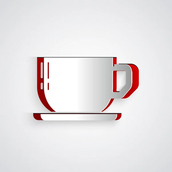 ペーパーカットグレーの背景に隔離されたコーヒーカップアイコン ティーカップ ホットドリンクコーヒー 紙のアートスタイル ベクトル — ストックベクタ