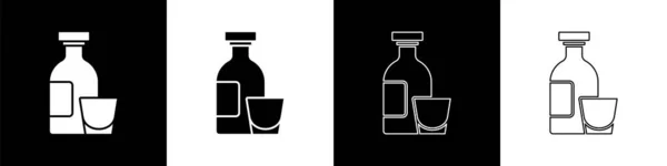 Set Alkohol Nápoj Rum Láhev Skleněná Ikona Izolované Černobílém Pozadí — Stockový vektor