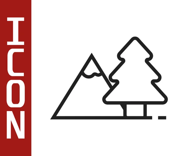 Schwarze Linie Berge Mit Baumsymbol Isoliert Auf Weißem Hintergrund Symbol — Stockvektor