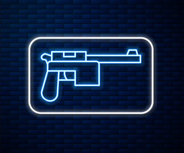 Icono Pistola Mauser Línea Neón Brillante Aislado Fondo Pared Ladrillo — Vector de stock