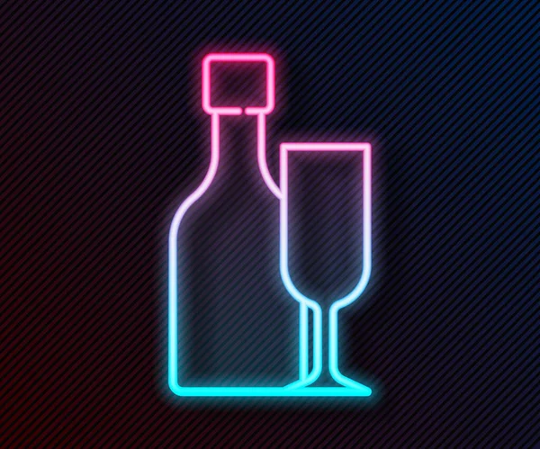 Siyah zemin üzerinde cam ikon bulunan parlak neon çizgili şarap şişesi. Vektör.