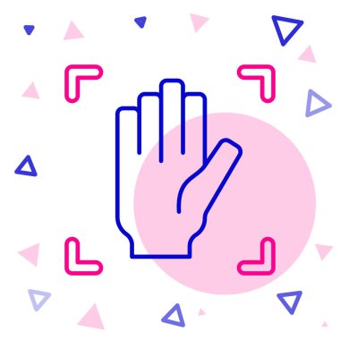 Çizgi avuç içi izi tanıma simgesi beyaz arkaplanda izole edildi. Biyometrik el taraması. Parmak izi tanımlaması. Sistem tanıma ve doğrulama. Renkli taslak konsepti. Vektör.