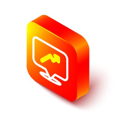 Beyaz arkaplanda Isometric çizgi grafik, çizelge, grafik, diyagram, bilgi, turta grafik simgesi izole. Turuncu kare düğme. Vektör.