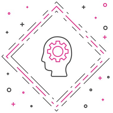 Beyaz arka planda izole edilmiş ikon içerisindeki dişli çizgi insan kafası. Yapay zeka. Düşünen beyin. Beynin sembol çalışması. Renkli taslak konsepti. Vektör.