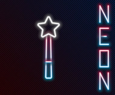 Parlayan neon hattı sihirli değnek simgesi siyah arkaplanda izole edildi. Yıldız şeklinde sihirli aksesuar. Sihirli güç. Renkli taslak konsepti. Vektör.