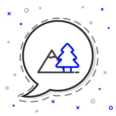 Beyaz arkaplanda ağaç simgesi olan çizgi dağları. Zaferin ya da başarının sembolü. Renkli taslak konsepti. Vektör.