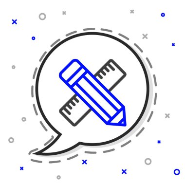 Çizgiyi aşan cetvel ve kalem simgesi beyaz arkaplanda izole edildi. Düz sembol. Çizim ve eğitim araçları. Renkli taslak konsepti. Vektör.