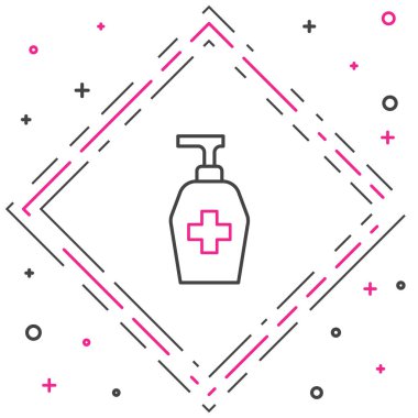 Beyaz arka planda izole edilmiş şeker ikonu içeren sıvı antibakteriyel sabun hattı. Antiseptik. Dezenfeksiyon, hijyen, cilt bakımı. Renkli taslak konsepti. Vektör.