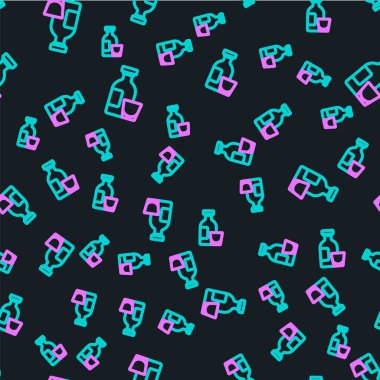 Çizgi alkollü içki şişesi ve cam ikon siyah arka planda izole edilmiş pürüzsüz desen. Vektör.