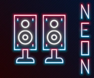 Parlayan neon hattı Stereo hoparlör simgesi siyah arkaplanda izole edildi. Ses sistemi hoparlörleri. Müzik ikonu. Müzikal sütun hoparlörü. Renkli taslak konsepti. Vektör.