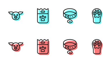 Yaka kartı, domuz, yiyecek torbası ve Paw baskı simgesi olan bir çizgi çiz. Vektör.