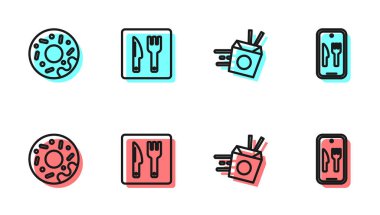 İnternetten erişte siparişi ver. Donut, Cafe, restoran mekanı ve ikon. Vektör.