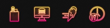 İnternetten dondurma siparişi ver, teslimat yap ve 24 saat çalış. Parlayan neon ikonu. Vektör.