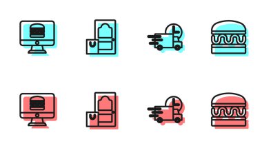 Çevrimiçi siparişler ve Burger ikonu ile hızlı teslimatı ayarla. Vektör.