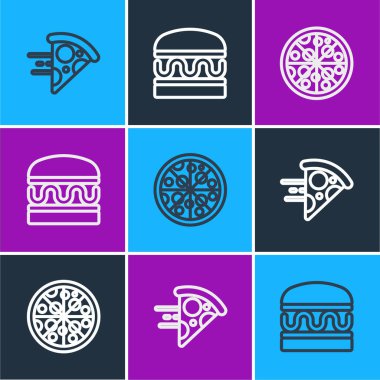 Line online pizza siparişi veriyor, Pizza ve Burger ikonu. Vektör.