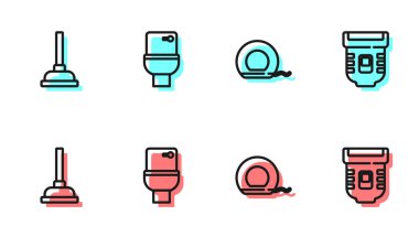 Dişçi ipi, plastik pompa, klozet ve Epilatör ikonu ayarlayın. Vektör.