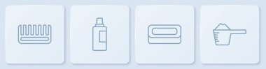 Saç fırçası, sabun, temizlik malzemesi ve deterjan için şişe. Beyaz kare düğme. Vektör.