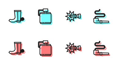 Hat hattı, kovboy çizmesi, kantin suyu şişesi ve tüttürme çubuğu ikonu. Vektör.