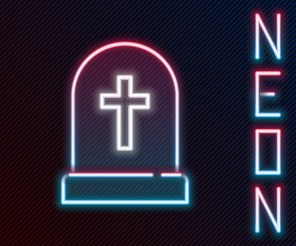 Gloeiende Neon Lijn Tombstone Met Kruis Pictogram Geïsoleerd Zwarte Achtergrond — Stockvector