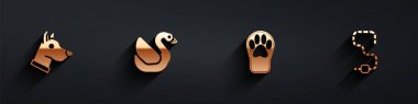 Dog head, Swan bird, Paw print ve Worm simgesini uzun gölgeli ayarla. Vektör.