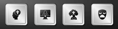 Set Man 'in cenazesi, psikolog ve dramatik maske ikonu. Gümüş kare düğme. Vektör.