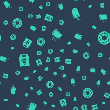 Kahve fincanını paket yap, bardağı suyla doldur, pizza siparişi ver ve donut sipariş et. Vektör.