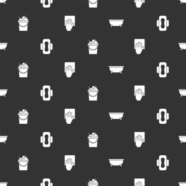 Küvet, hijyenik peçete, sabun köpüklü kova ve temizleme servisini kusursuz bir şablona ayarla. Vektör.