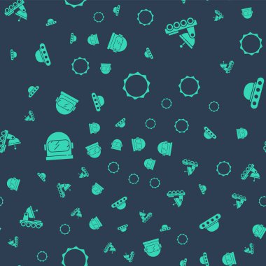 Güneş, Mars gezgini, astronot miğferi ve UFO uçan uzay gemisini kusursuz bir şekilde ayarlayın. Vektör.