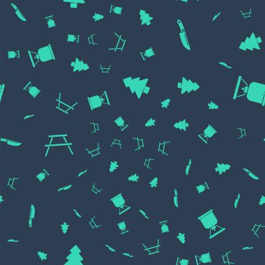 Forest, Knife, piknik masası, banklar ve gaz ocağı kusursuz desenli. Vektör.