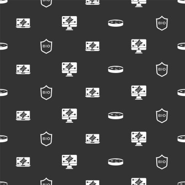 Petri kabını bakterilerle donatın, biyolojik sağlıklı yiyecekler için kalkan, genetik mühendisliği modifikasyonu ve kusursuz desenlere ayarlayın. Vektör.