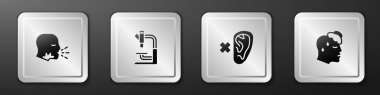 Set Man öksürüğü, mikroskop, Sağır ve Yüksek İnsan Vücut Sıcaklığı ikonu. Gümüş kare düğme. Vektör.