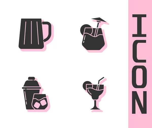 Set Cocktail Wooden Beer Mug Shaker Icon Vector — Stock Vector