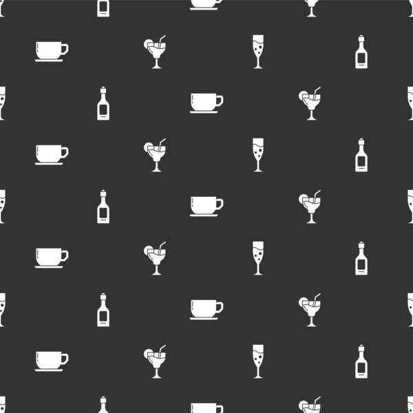 Set Glas Champagne Champagnefles Koffiebeker Cocktailglas Naadloos Patroon Vector — Stockvector