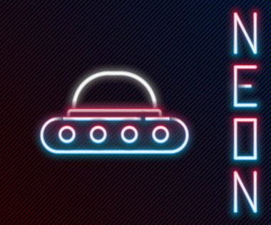 Parlayan neon hattı UFO uçan uzay gemisi simgesi siyah arkaplanda izole edildi. Uçan daire. Uzaylı uzay gemisi. Gelecekteki bilinmeyen uçan nesne. Renkli taslak konsepti. Vektör.