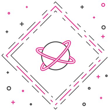 Dünya 'nın yörüngesindeki çizgi yapay uyduları beyaz arka planda izole edilmiş dış uzay ikonunda. İletişim, navigasyon konsepti. Renkli taslak konsepti. Vektör.