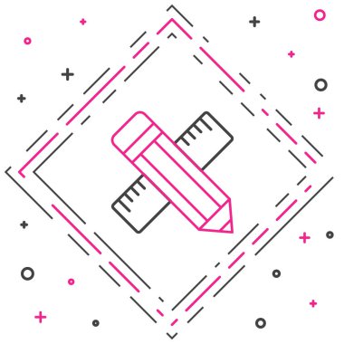 Çizgiyi aşan cetvel ve kalem simgesi beyaz arkaplanda izole edildi. Düz sembol. Çizim ve eğitim araçları. Renkli taslak konsepti. Vektör.