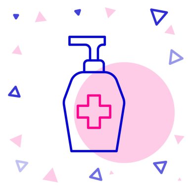 Beyaz arka planda izole edilmiş şeker ikonu içeren sıvı antibakteriyel sabun hattı. Antiseptik. Dezenfeksiyon, hijyen, cilt bakımı. Renkli taslak konsepti. Vektör.