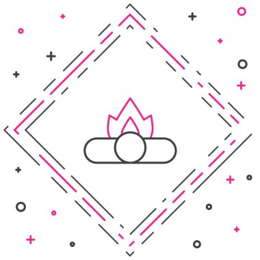 Kamp ateşi çizgisi simgesi beyaz arkaplanda izole edildi. Odunla yanan şenlik ateşi. Renkli taslak konsepti. Vektör.