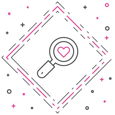 Çizgi Arama Kalbi ve aşk simgesi beyaz arkaplanda izole edildi. İçinde kalp olan büyüteç. Renkli taslak konsepti. Vektör.