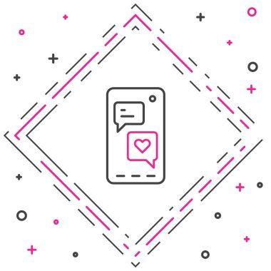 Kalp emojisi konuşma baloncuklu çizgi akıllı telefonu beyaz arkaplanda izole edilmiş ekran simgesine mesaj gönder. Sevgililer Günü. Renkli taslak konsepti. Vektör.
