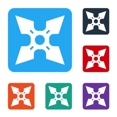 Beyaz Japon ninja shuriken simgesi beyaz arkaplanda izole edildi. Renkli kare düğmelerle simgeleri ayarla. Vektör.