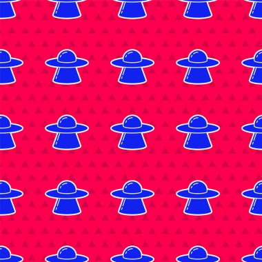 Mavi UFO uçan uzay gemisi simgesi kırmızı arka planda izole edilmiş. Uçan daire. Uzaylı uzay gemisi. Gelecekteki bilinmeyen uçan nesne. Vektör.