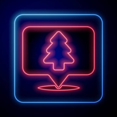 Ormanın parlak neon konumu mavi arkaplanda izole edilmiş bir harita simgesi üzerinde. Vektör.