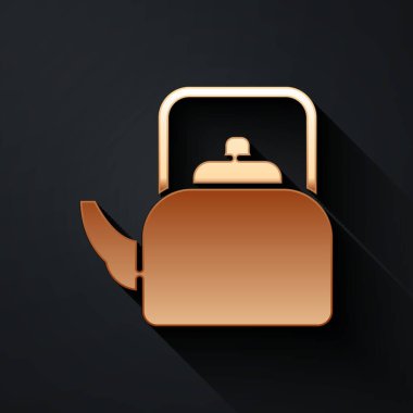 Siyah arka planda ikonu olan altın çaydanlık. Çaydanlık ikonu. Uzun gölge tarzı. Vektör.