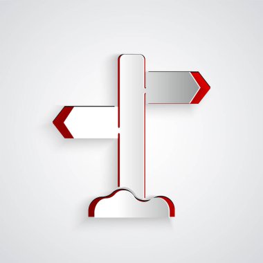 Kağıt kesiği trafik levhası. Gri arkaplanda sinyal simgesi izole edildi. İşaretçi sembolü. Sokak bilgi tabelası. Yön tabelası. Kağıt sanatı tarzı. Vektör.