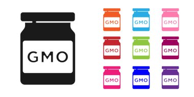 Beyaz arkaplanda siyah GDO simgesi izole edildi. Genetik olarak değiştirilmiş organizma kısaltması. DNA gıda modifikasyonu. Simgeleri renklendirin. Vektör.