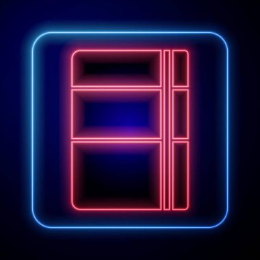 Parlayan neon çizim defteri veya albüm simgesi mavi arkaplanda izole edildi. Vektör.